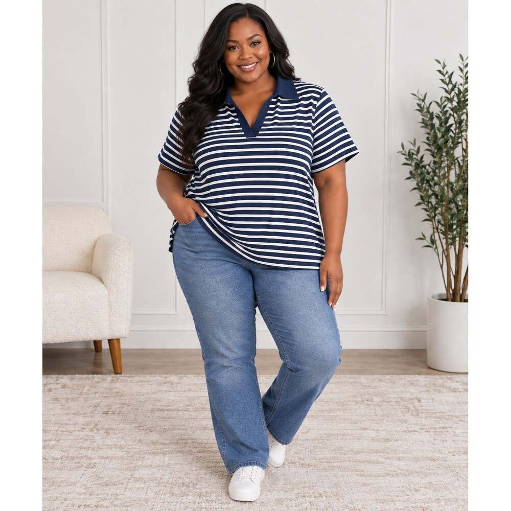 Ava & Viv XXL Navy White Striped Ribbed Polo Top V Neck Nautical NWT Plus Size